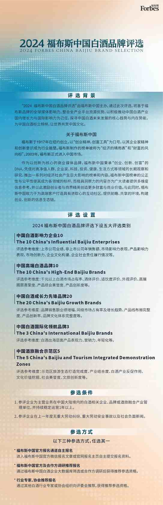中国榜样・天下
共赏｜2024福布斯中国白酒品牌评比
正式启动!
